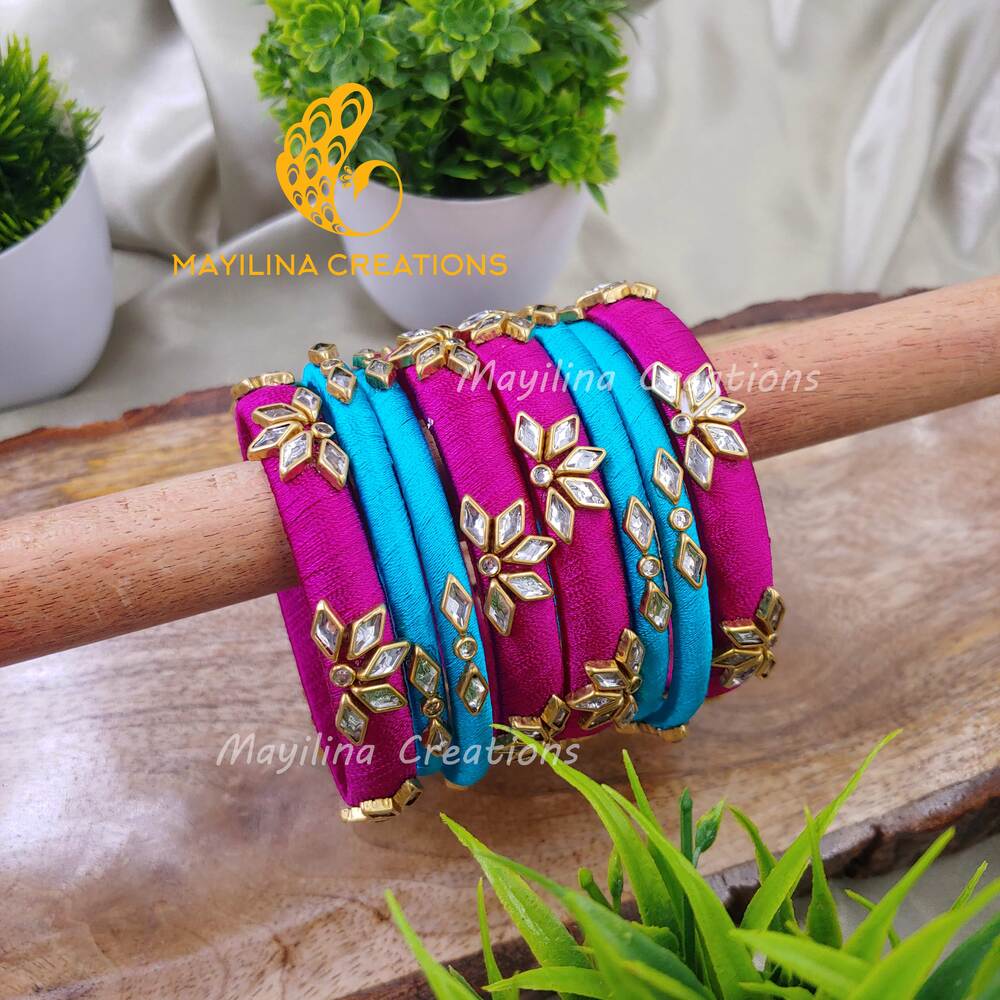 Magenta and Blue Budget Friendly Silk Thread Bangles