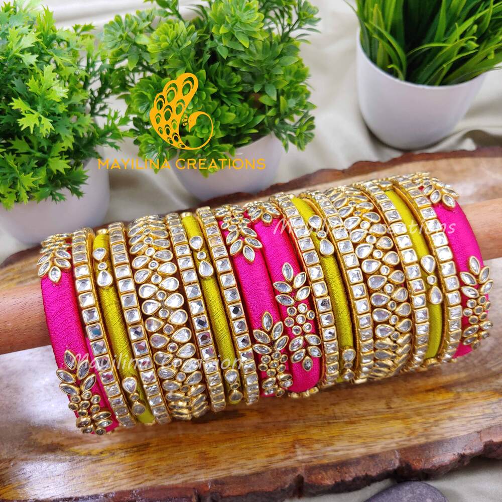 Pink and Green Kundan Silk Thread Bridal Bangles for Women, for Wedding