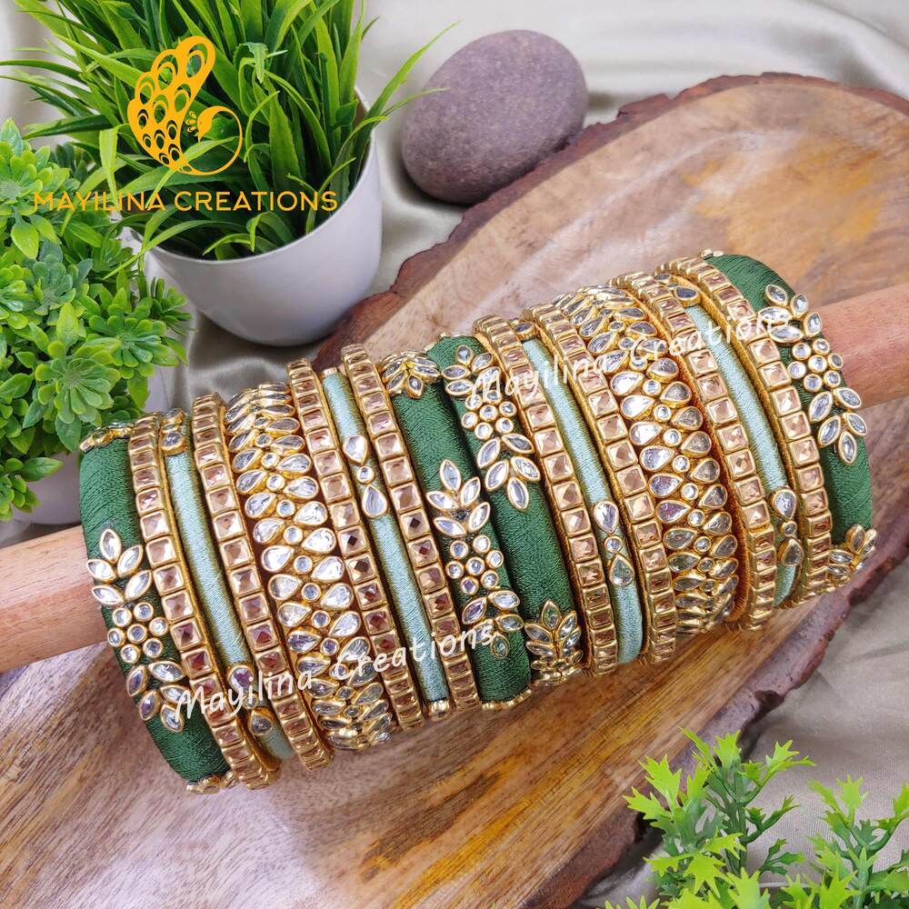 Dark and Mint Green with Gold Kundan Silk Thread Bridal Bangles for Women, for Wedding