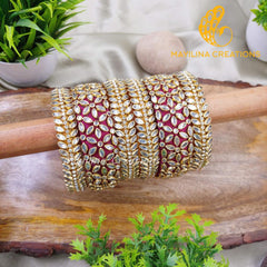 Wine Heavy Kundan Work Silk Thread Bangles with Leaf Border Bangles for Wedding