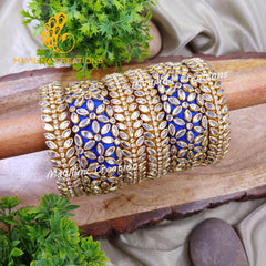 Dark Blue Heavy Kundan Work Silk Thread Bangles with Leaf Border Bangles for Wedding