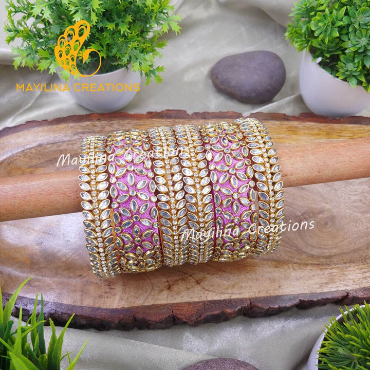 Lilac Heavy Kundan Work Silk Thread Bangles with Leaf Border Bangles for Wedding