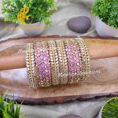 Lilac Heavy Kundan Work Silk Thread Bangles with Leaf Border Bangles for Wedding