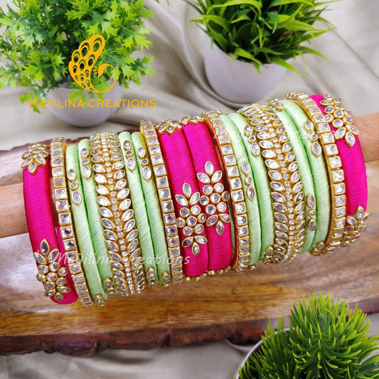 Dark Pink and Green Silk Thread Bangles for Wedding