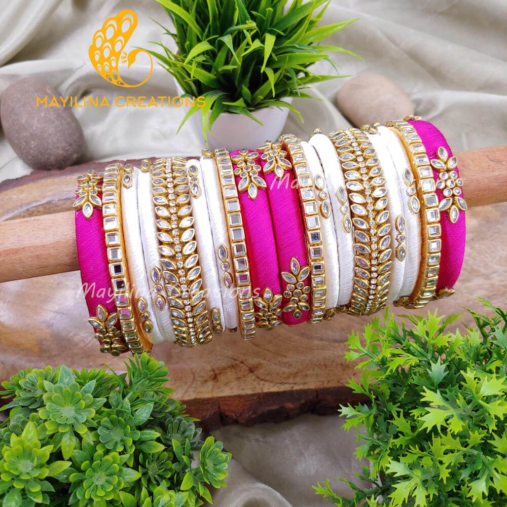 Dark Pink and White Silk Thread Bangles for Wedding