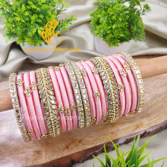 Pink and Silver Silk Thread Bangles for Wedding