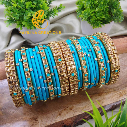 Blue Kundan Silk Thread Bangles for Lehenga