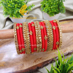 Red and Gold Bridal Silk Thread Kundan Bangles for Women