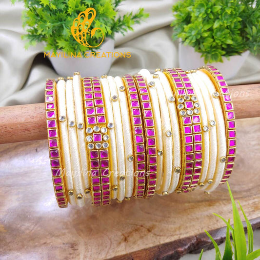 Cream and Pink Rich Kundan Silk Thread Bangles for Women