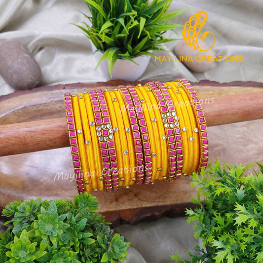 Yellow and Pink Rich Kundan Silk Thread Bangles for Women