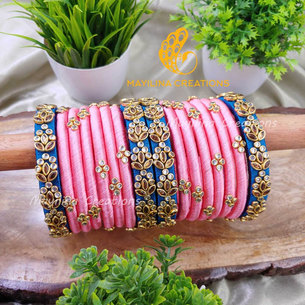 Pink and Teal Silk Thread New Bangle Design for Wedding