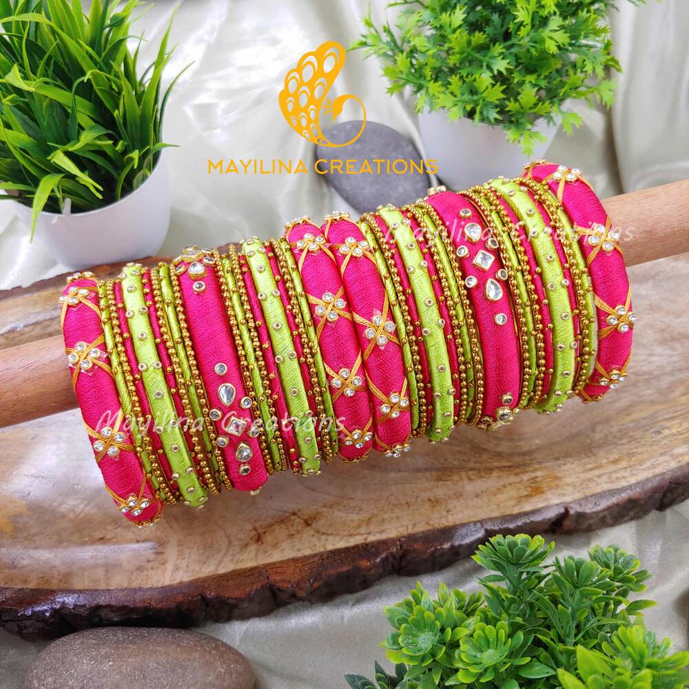 Pink and Green Silk Thread Bangles for Wedding