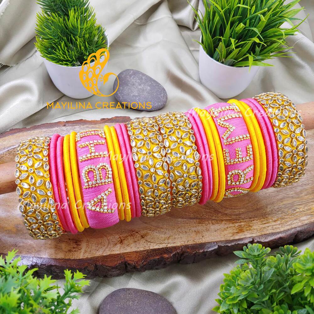 Pink Bridal Name Silk Thread Bangles for Wedding