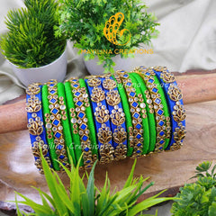 Blue and Green Heavy Work Kundan Silk Thread Bangles for Wedding for Women