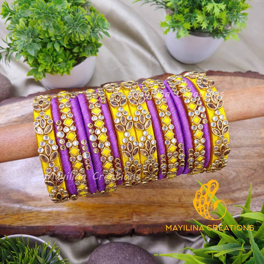 Yellow and Violet Heavy Work Kundan Silk Thread Bangles for Wedding for Women