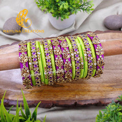 Purple and Green Heavy Work Kundan Silk Thread Bangles for Wedding for Women