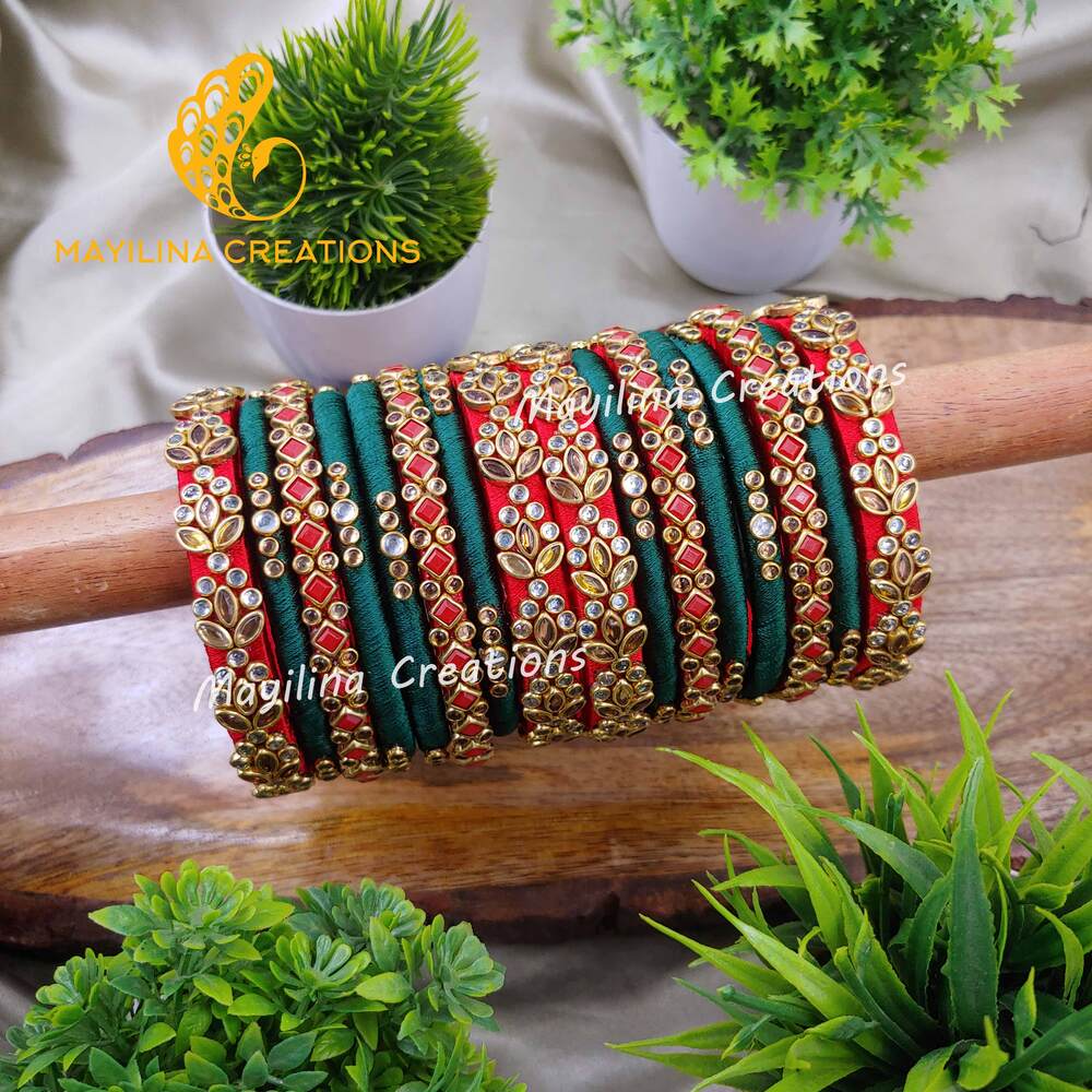 Red and Green Heavy Work Kundan Silk Thread Bangles for Wedding for Women