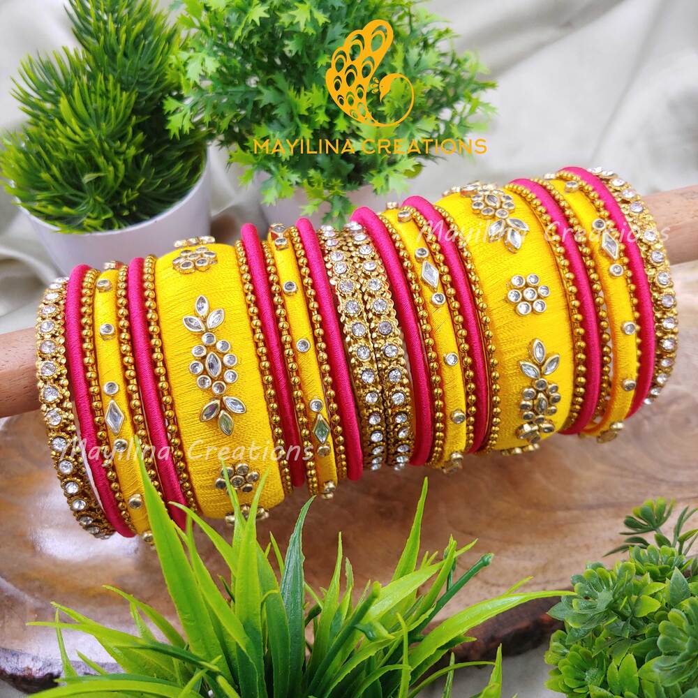 Yellow and Pink Silk Thread Metal Bangles