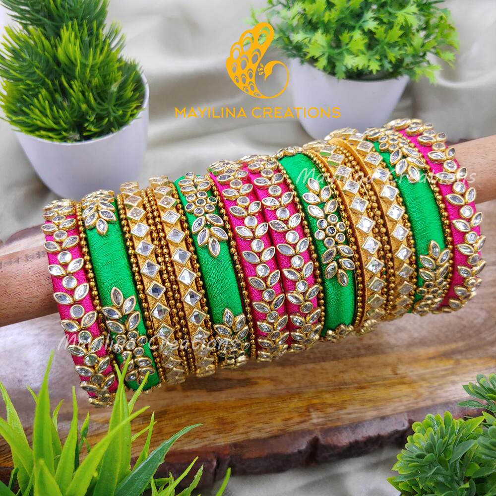 Green and Pink Silk Thread Heavy Kundan Bangles for Wedding