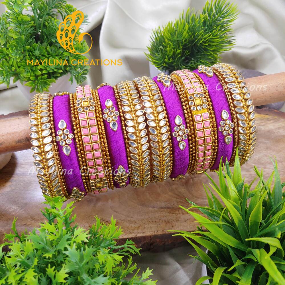 Violet and Pink Silk Thread Kundan Bangles - Perfect bangles for Lehenga