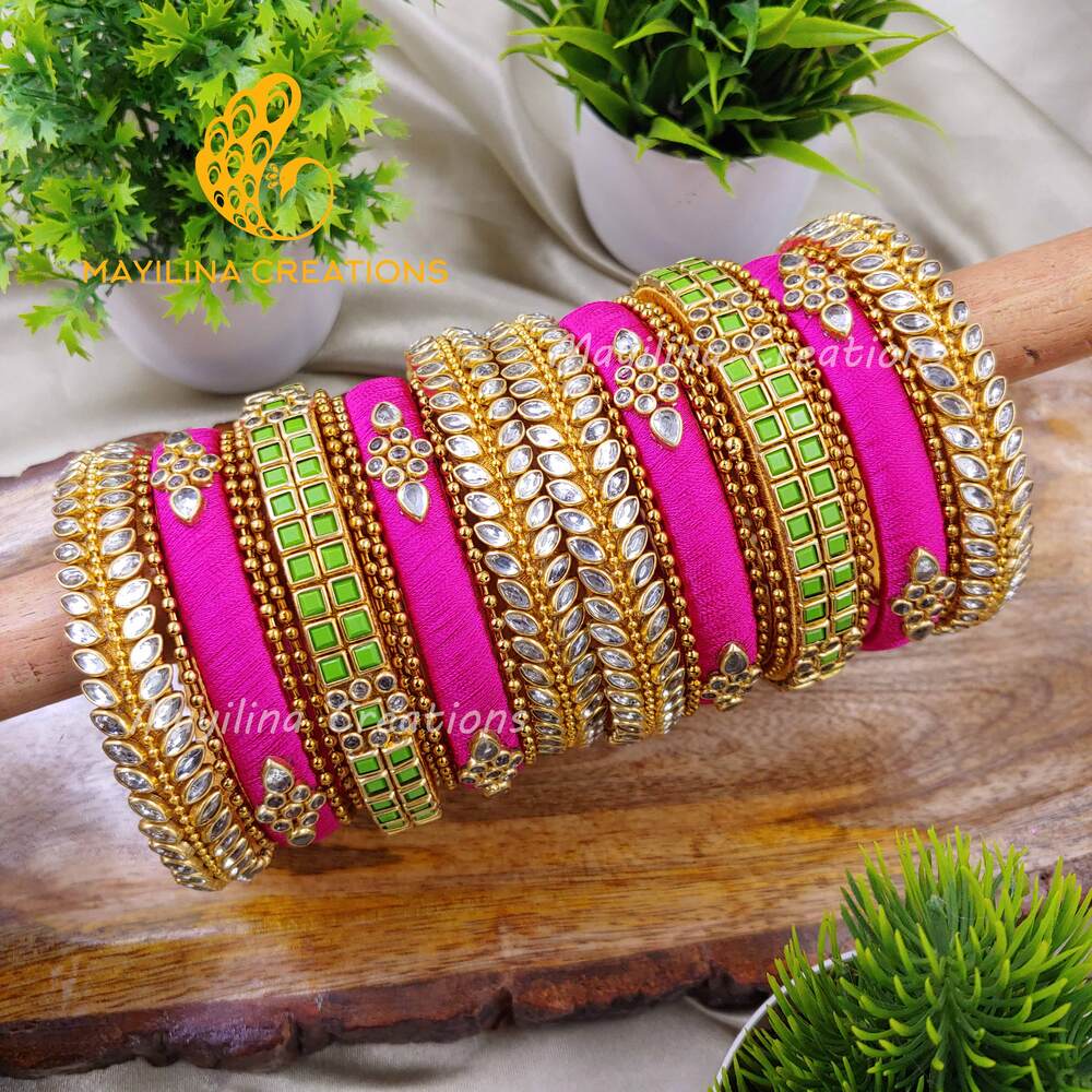 Pink and Green Silk Thread Kundan Bangles - Perfect bangles for Lehenga