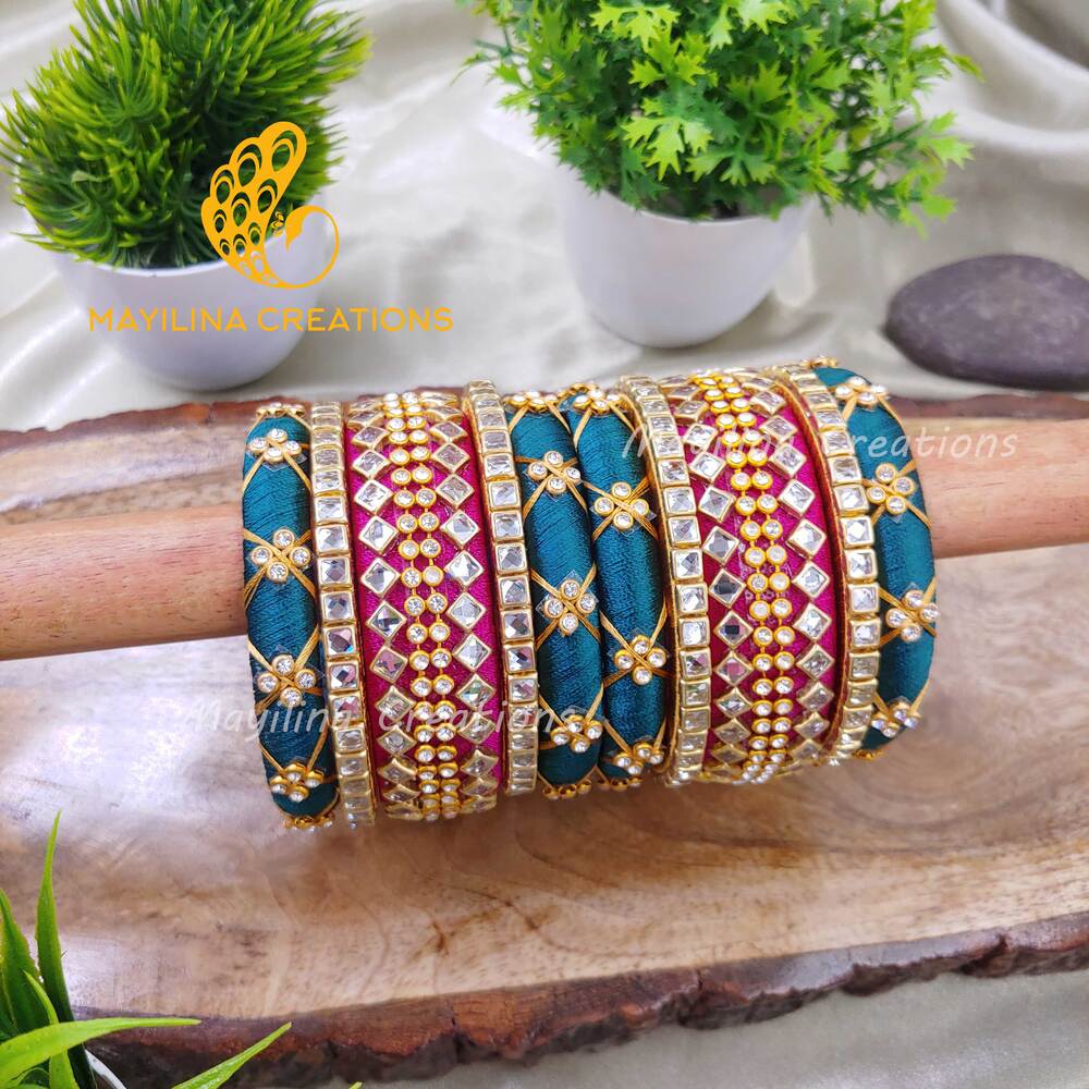 Magenta Silk Thread Rich Kundan Bridal Bangles