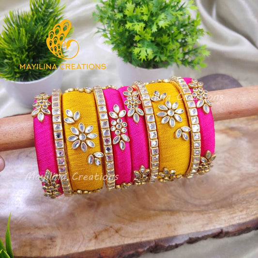 Pink Elegant and Budget Friendly Silk Thread Kundan Bangles