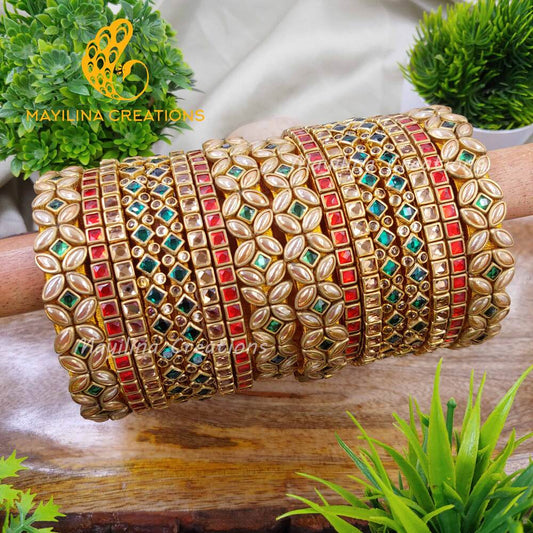 Red and Green Kundan Mukurtham Bridal Silk Thread Bangles