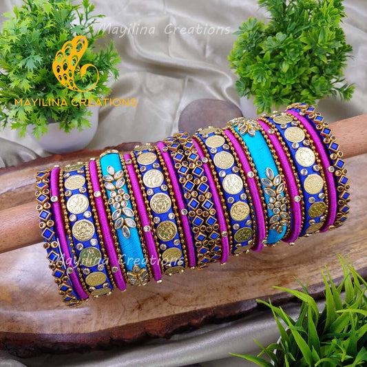 Blue and Magenta Silk Thread Bangles with Kundan and Lakshmi Coin Bangles for Women