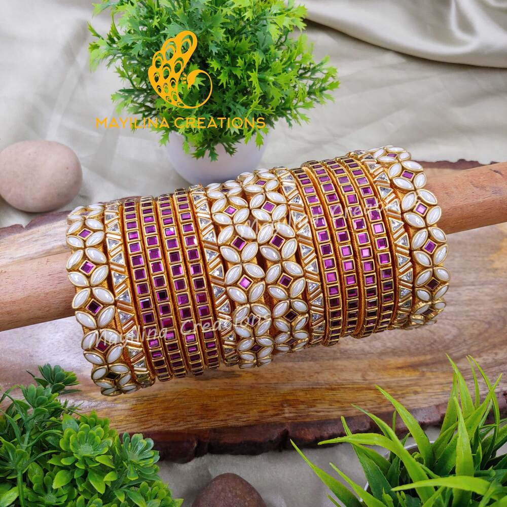 Violet Kundan Bangles with White Pearl Kundan Silk Thread Bangles for Women