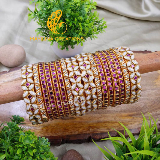 Violet Kundan Bangles with White Pearl Kundan Silk Thread Bangles for Women