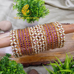 Violet Kundan Bangles with White Pearl Kundan Silk Thread Bangles for Women