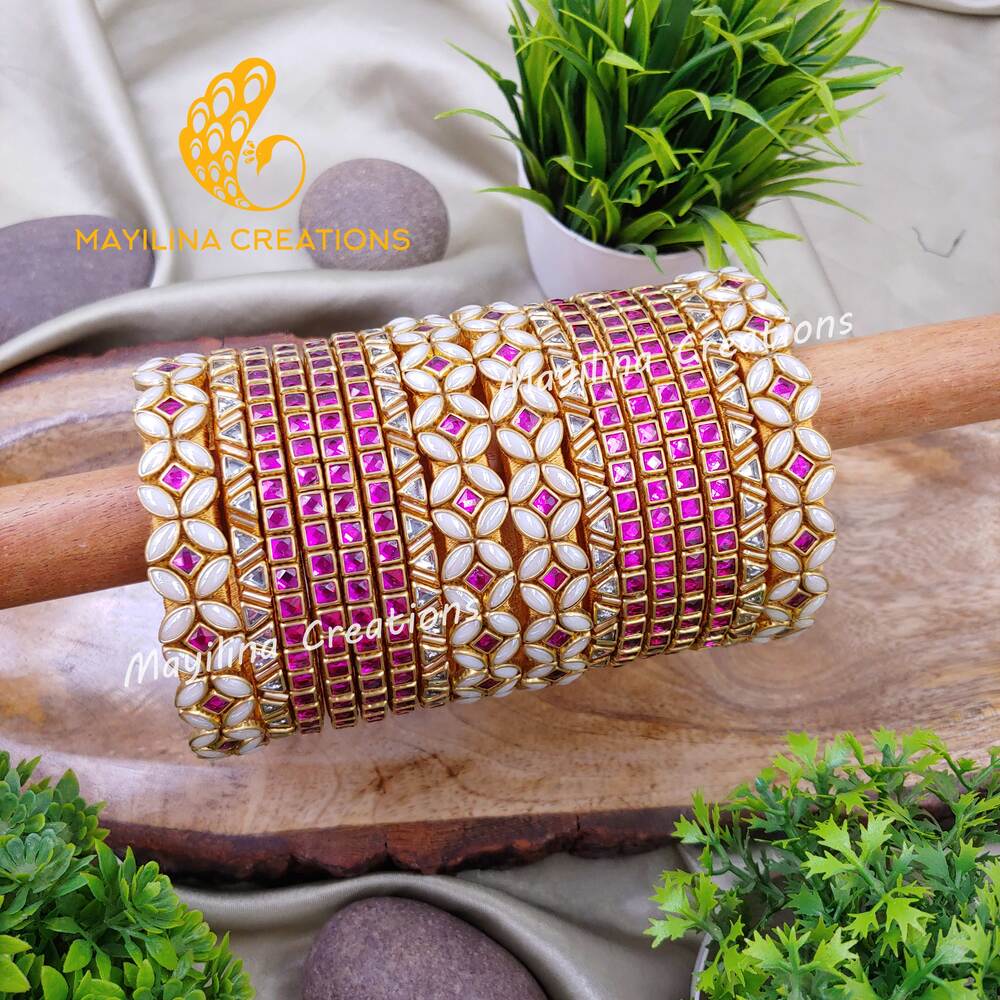 Dark Pink Kundan Bangles with White Pearl Kundan Silk Thread Bangles for Women