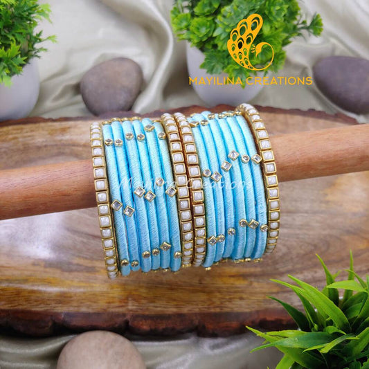 Light Blue with Pearl Kundan Silk Thread Bangles for Party Wear