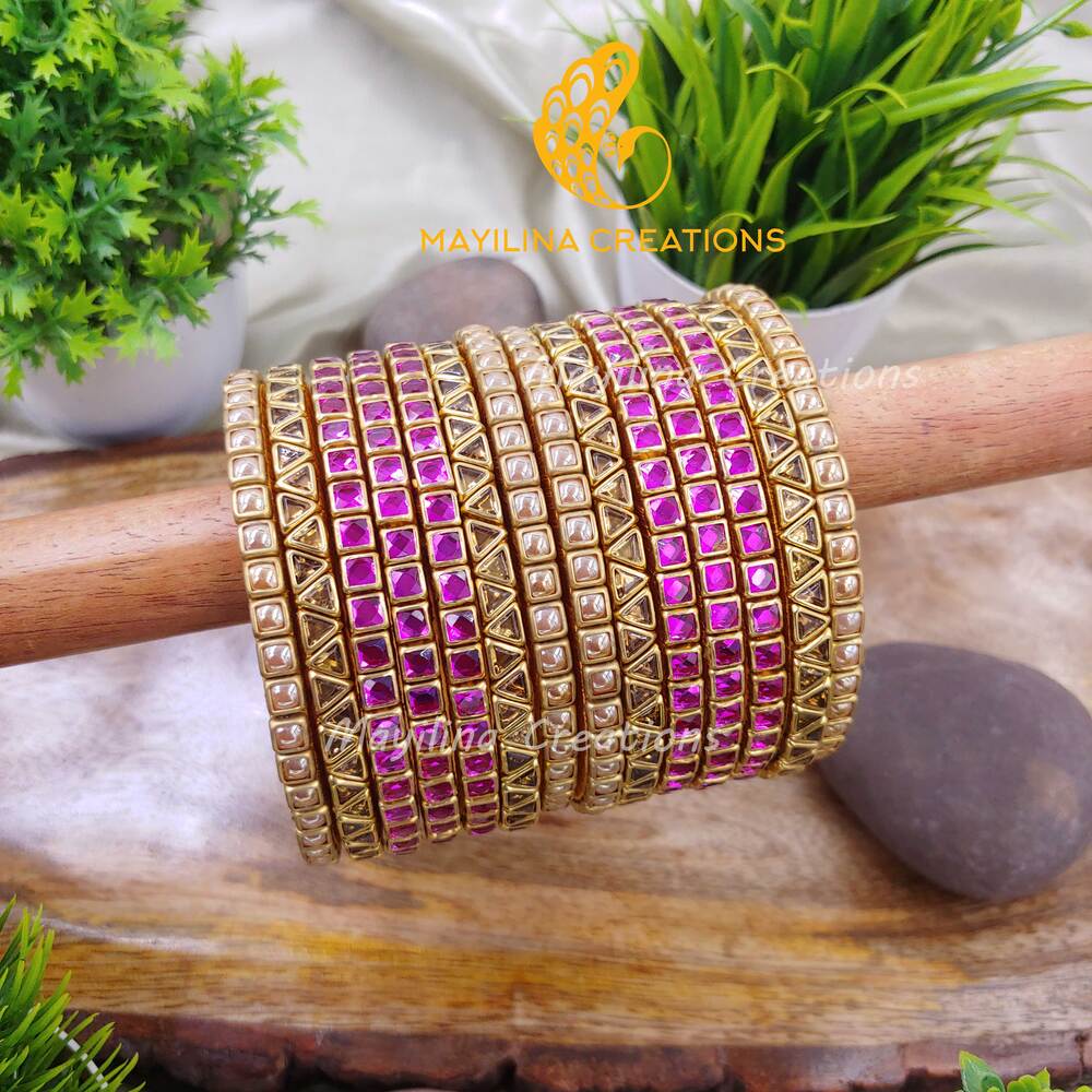 Pink and Gold Pearl Kundan Silk Thread Bangles for Wedding