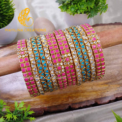 Pink and Blue Kundan Silk Thread Bangles for Wedding for Women