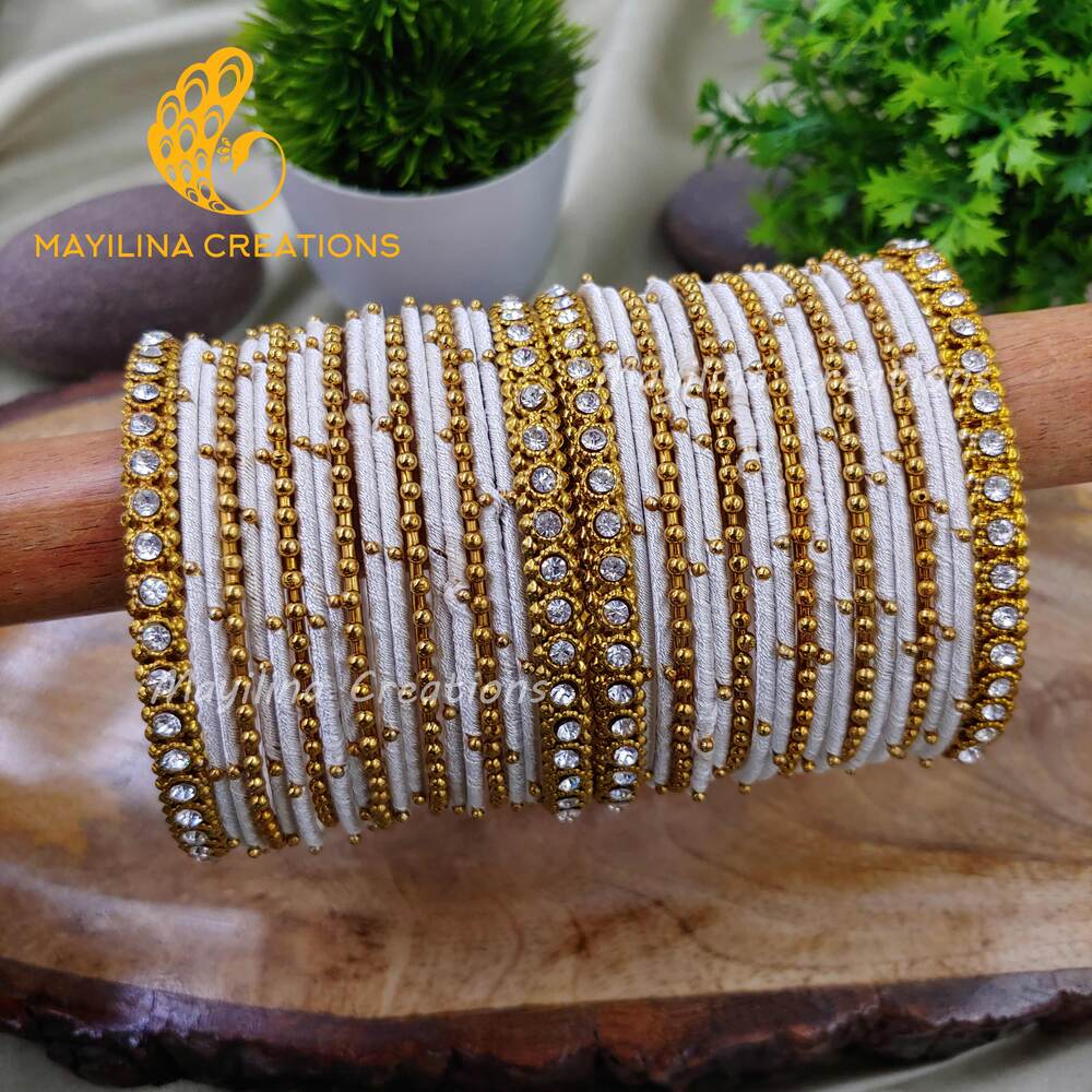 White Thread Metal Bangles with Gold Bead and Border Bangles for Women