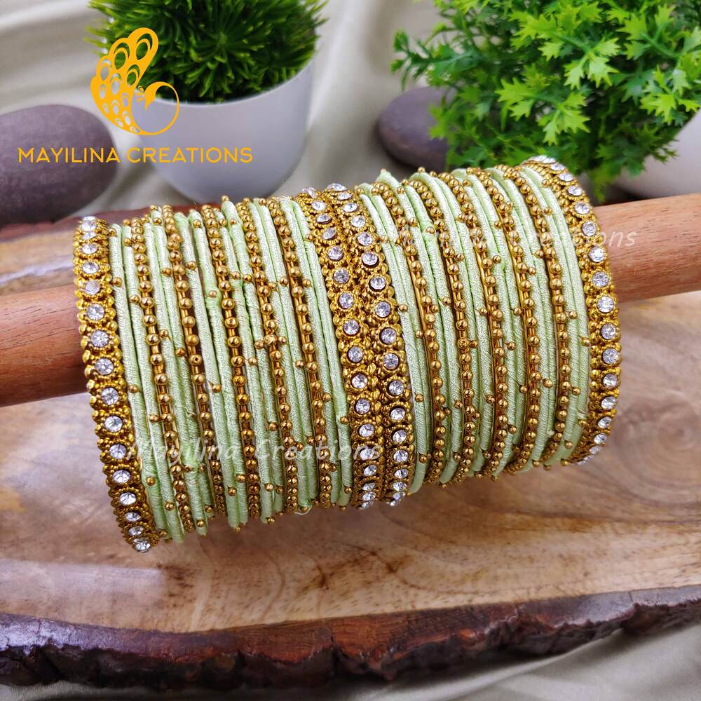 Pista Green Thread Metal Bangles with Gold Bead and Border Bangles for Women