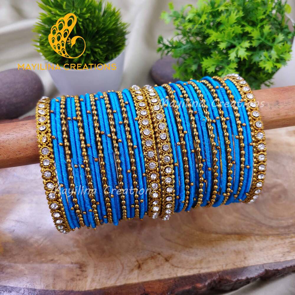 Light Blue Thread Metal Bangles with Gold Bead and Border Bangles for Women