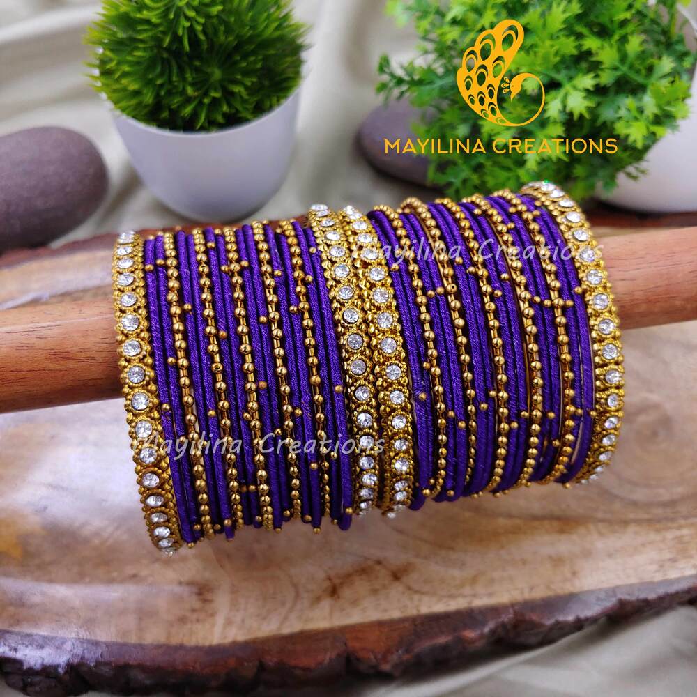 Violet Thread Metal Bangles with Gold Bead and Border Bangles for Women