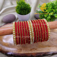 Maroon Thread Metal Bangles with Gold Bead and Border Bangles for Women