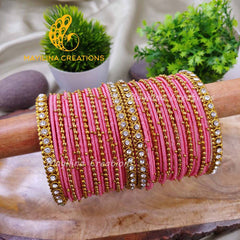 Light Pink Thread Metal Bangles with Gold Bead and Border Bangles for Women