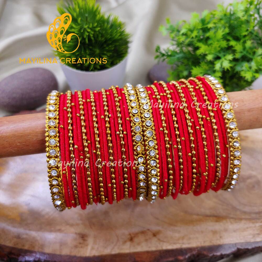 Red Thread Metal Bangles with Gold Bead and Border Bangles for Women