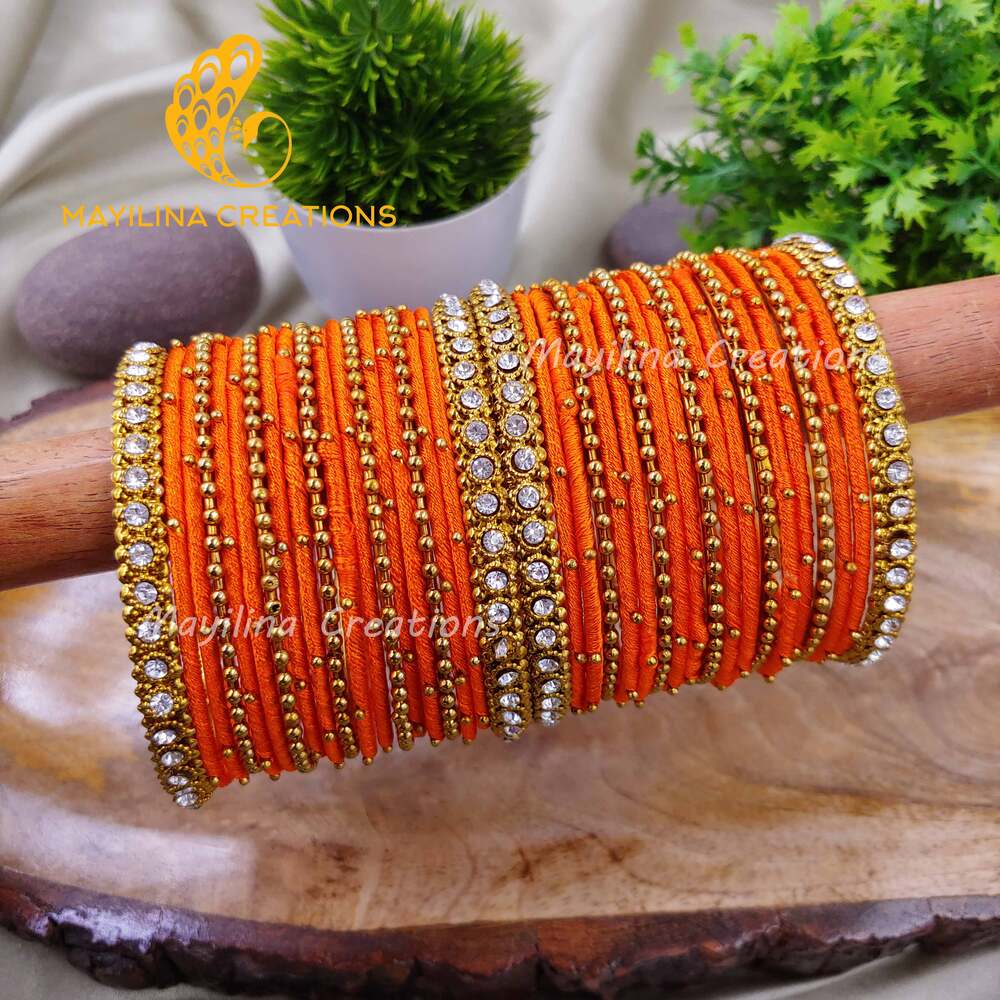 Orange Thread Metal Bangles with Gold Bead and Border Bangles for Women