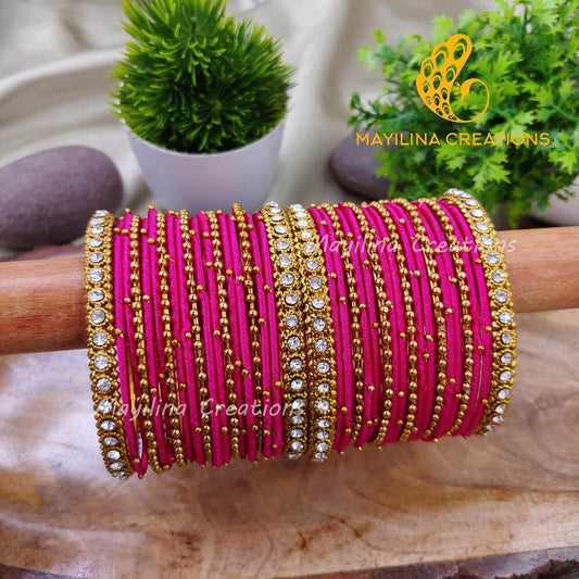 Dark Pink Thread Metal Bangles with Gold Bead and Border Bangles for Women