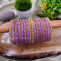 Lavender Thread Metal Bangles with Gold Bead and Border Bangles for Women