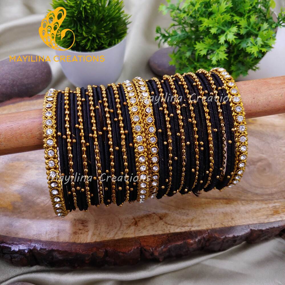 Black Thread Metal Bangles with Gold Bead and Border Bangles for Women