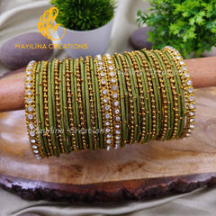 Olive Green Thread Metal Bangles with Gold Bead and Border Bangles for Women