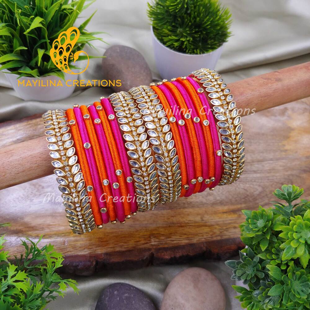 Pink and Orange Silk Thread Bangles with White Leaf Kundan Border Bangles for Women (Set of 16 Bangles)