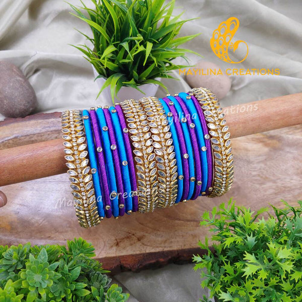 Blue and Violet Silk Thread Bangles with White Leaf Design Bangles for Women